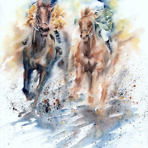 Horses running &quot;The Race&quot;. Watercolor Giclée limited edition print, wall decoration, gift, horse lovers gift