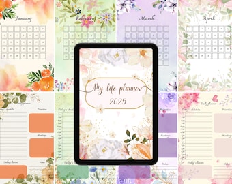 May include: A digital planner with a floral design and the text "My life planner 2025". The planner includes monthly calendars for January through April, daily planner pages, and a to-do list.