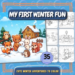 Puede incluir: Un libro para colorear titulado My First Winter Fun con 35 páginas de aventuras invernales. La portada muestra una colorida ilustración de un búho, un zorro, un oso, un conejo y un erizo construyendo un muñeco de nieve frente a una cabaña.