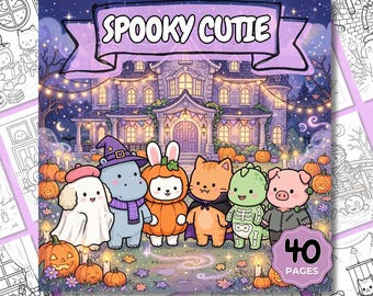 May include: A colouring book titled SPOOKY CUTIE featuring 40 pages of cute and comfy creepy moments. The cover shows a group of costumed animals including a ghost, a hippo, a pumpkin, a cat, a dinosaur, and a pig in front of a haunted house.