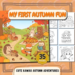 Puede incluir: Un libro para colorear titulado My First Autumn Fun con 35 páginas de ilustraciones. La portada muestra una escena colorida con una ardilla, un conejo, un oso, un zorro y un búho en un parque otoñal, junto a muestras de páginas en blanco y negro.