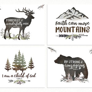 Woodland Nursery Wall Art - Set of FOUR, Bible Verse Prints, Gallery Wall, Boys Room Decor, Forest Animal Prints, Boys Bible Verse Art