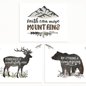 Boys Room Wall Decor - Set of THREE Woodland Nursery Prints with Forest Animals and Bible Verses, Mountain Boys Room, Rustic Boys Decor