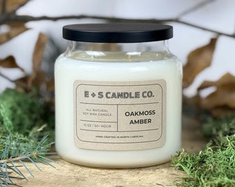 Vela de musgo de roble y ámbar / Vela de 3 mechas de 425 g / Vela amaderada / Fragancia terrosa para el hogar / Vela de lujo / Idea de regalo acogedora