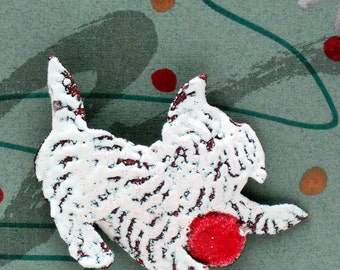 White Puppy with Red Ball Enameled Dog Pin