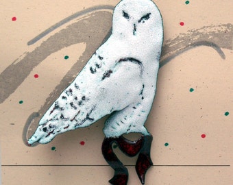 Snowy Owl with Red Ribbon Enameled Pin