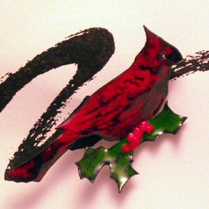 Holiday Cardinal with Holly Enameled Pin