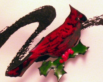 Holiday Cardinal with Holly Enameled Pin