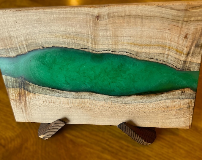 Featured listing image: Spalted maple River charcuterie board with  green "river" of epoxy resin