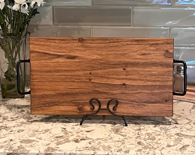 Featured listing image: Book-matched solid walnut Charcuterie board with black iron handles