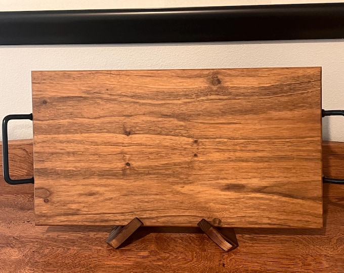 Featured listing image: Book-matched solid walnut Charcuterie board with black iron handles
