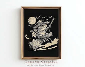 Woodcut Illustration Frog Witch Flying Broomstick Halloween Wall Art, Witchy Full Moon Print, Digital Printable Download Art | WCT-001