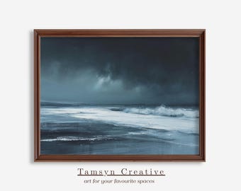 Stormy Sea Oil Painting Print, Ocean Waves At Night, Dramatic Moody Seascape Wall Art, Printable Digital Art Print | TAM-SEA-018