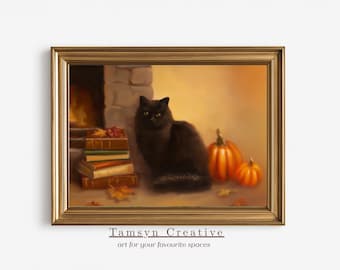 Black Cat By The Fireplace With Books Oil Painting, Fall Pumpkins Halloween Wall Art, Digital Printable Download Art HBCA-001