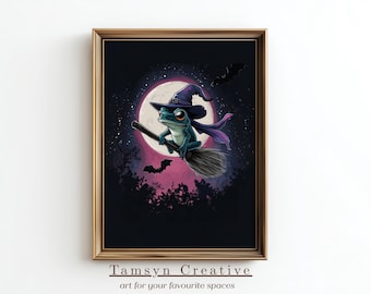 Anime Frog Witch Flying Broomstick Halloween Wall Art, Witchy Full Moon Print, Digital Printable Download Art | ANH-001