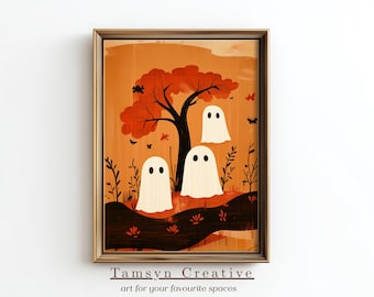Folk Halloween Wall Art, Whimsical Ghost Print, Autumn Tree Ghost Decor, Cozy Fall Illustration, Digital Printable Download Art | FAH-001