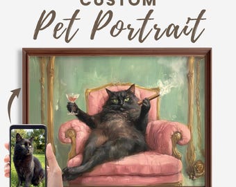 Peut inclure: Portrait personnalisé d'un chat noir, assis dans un fauteuil rose, fumant un cigare et tenant un cocktail. L'œuvre est encadrée en marron, avec le texte "Custom Pet Portrait". Un téléphone affiche une photo du chat.