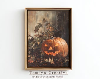 Vintage Halloween Wall Art, Glowing Pumpkin Print, Spooky Jack O Lantern Decor, Digital Printable Download Art |VJG-001
