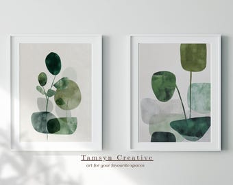 Set of 2 Green Abstract Organic Wall Art Set, Minimalist Botanical Prints, Abstract Plants, Digital Printable Download Art Prints |GAO-001