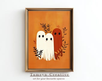 Fall Botanical Ghost Décor, Folk Halloween Wall Art, Whimsical Ghost Autumn Print, Digital Printable Download Art | FAH-002