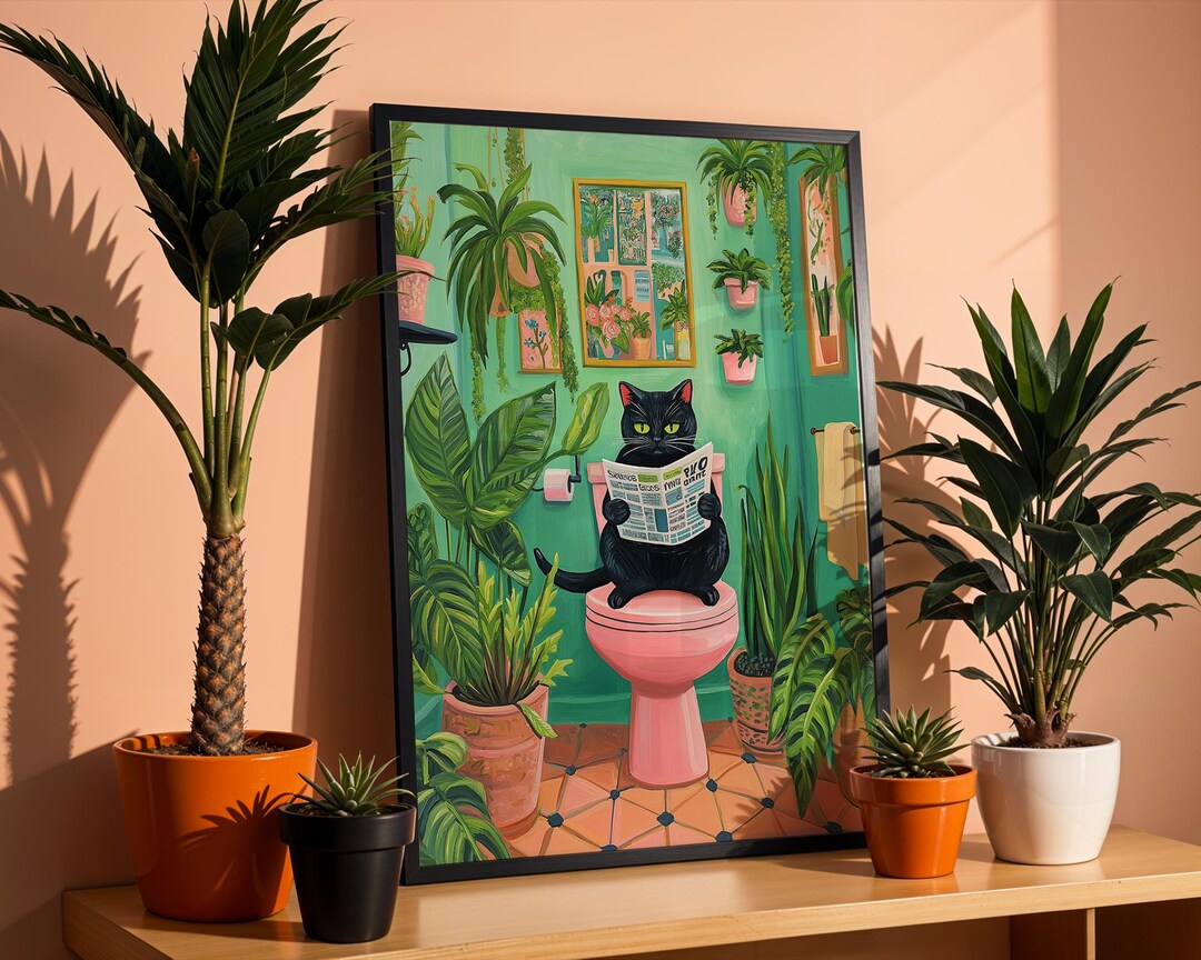Funny Cat Bathroom Print: Pink Toilet Newspaper Art (digital Download ...