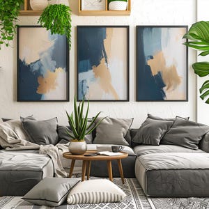 Navy Blue Wall Art Set of 3 Printable Wall Art Modern Wall Art Blue Abstract Art Minimalist Poster Printable Art Brush Strokes Print Digital