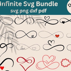 Op de afbeelding: Een set van 15 zwart-witte ontwerpen van oneindigheidssymbolen met harten en tekst. De ontwerpen omvatten "you me", "love", "mr & mrs" en "infinity".