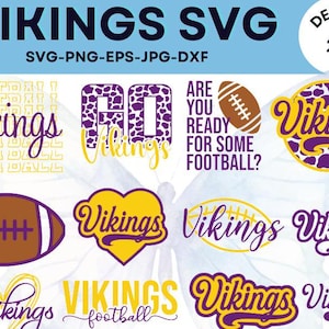 May include: A set of 10 SVG designs featuring the word "Vikings" in various styles and colors. The designs include a football, a heart, a leopard print, and a text-based design that says "Are you ready for some football?"