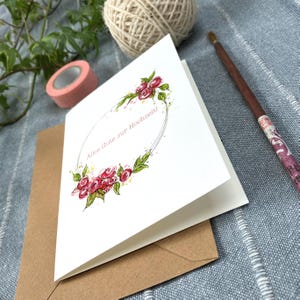 Karte zur Hochzeit | Klappkarte A6 | edles rosarotes Rosen-Motiv Aquarell | Blumenkranz | inkl. Kraftpapier-Umschlag | Hochzeitskarte