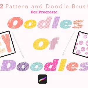 May include: Image promoting 72 Pattern and Doodle Brushes for Procreate. The word "Oodles" is displayed in colorful patterns. Two tablets with styluses are on either side of the word "of". The word "Doodles" is below. The Procreate app logo is at the bottom.