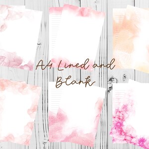May include: Six printable A4 lined and blank papers with watercolor backgrounds in shades of pink and orange. The papers are perfect for journaling, note-taking, or letter writing.