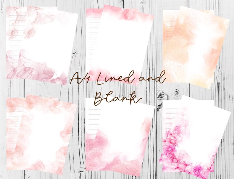 May include: Six printable A4 lined and blank papers with watercolor backgrounds in shades of pink and orange. The papers are perfect for journaling, note-taking, or letter writing.