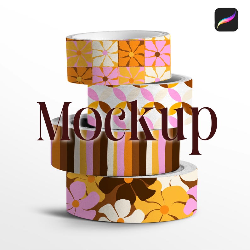 May include: Stack of four rolls of patterned washi tape. The tape features a variety of retro floral designs in pink, orange, brown, and white.