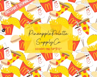 Fast Food Seamless Pattern Printable Pattern for Crafts Papers 300DPI PNG Instant Download Pizza Chicken Fries Pattern Instant Download