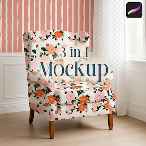 3 in 1 Wingback Chair Wallpaper Curtains Procreate Mockup Seamless Pattern Mockup for Procreate Furniture Mockup Fabric Design Mockup
