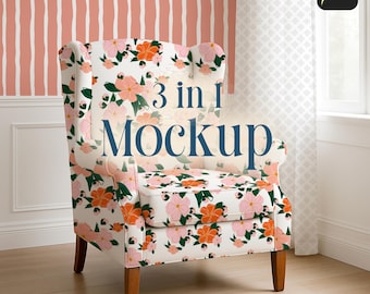 3 in 1 Wingback Chair Wallpaper Curtains Procreate Mockup Seamless Pattern Mockup for Procreate Furniture Mockup Fabric Design Mockup