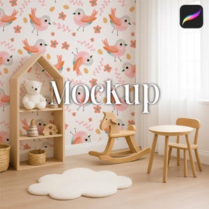 May include: A nursery mockup featuring a wooden bookshelf, rocking horse, table, and chair. The room has a white cloud-shaped rug and a wallpaper with pink birds and flowers. The word "Mockup" is displayed in the center.