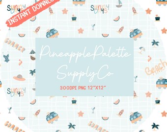 Beach Seamless Pattern for Crafts Design Papers 300DPI PNG Digital Paper Vinyl Fabric Sublimation Summer Pattern Beach Time Palm Trees PNG