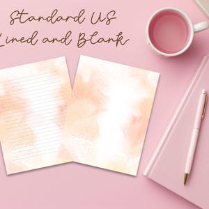 May include: Two sheets of paper with a peach watercolor background. One sheet is lined and the other is blank. The text "Standard US Lined and Blank" is at the top of the image.