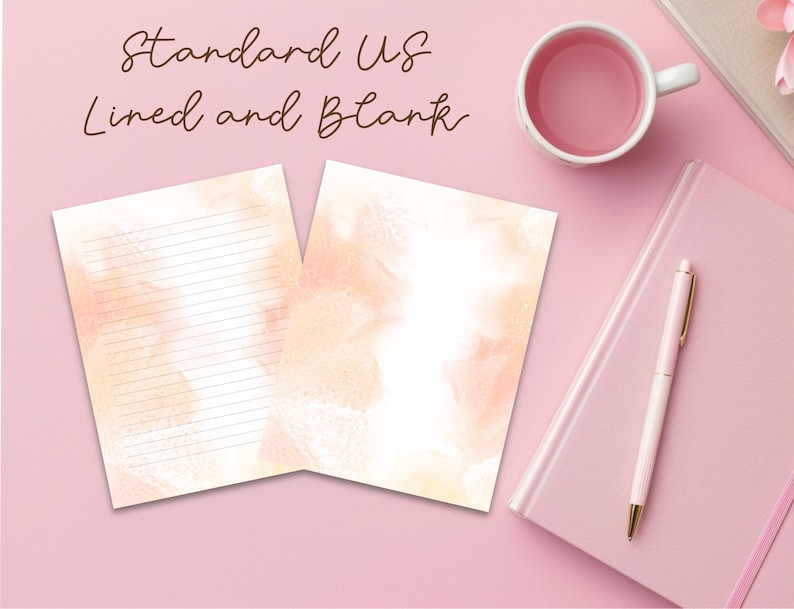 May include: Two sheets of paper with a peach watercolor background. One sheet is lined and the other is blank. The text "Standard US Lined and Blank" is at the top of the image.