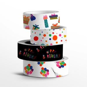 May include: Four rolls of colorful washi tape with birthday themes. The top roll has a white background with colorful presents, the second roll has a white background with colorful polka dots, the third roll has a black background with the words "Happy Birthday" in colorful letters, and the bottom roll has a white background with colorful balloons.