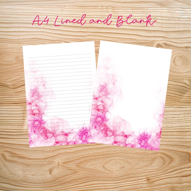 May include: Two A4 sheets of paper, one lined and one blank, with a pink watercolor floral design on the edges. The text "A4 Lined and Blank" is printed at the top of the image.
