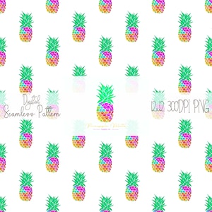 May include: A seamless pattern featuring colorful pineapples with a rainbow gradient design. The background is white. The text "Digital Seamless Pattern" and "12x12 300DPI PNG" is included in the image.