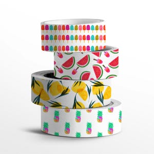 May include: Four rolls of washi tape with summer fruit designs. The top roll has a pattern of colorful popsicles on a white background. The second roll has a pattern of watermelon slices and popsicles on a white background. The third roll has a pattern of lemons and leaves on a white background. The bottom roll has a pattern of pineapples on a white background.