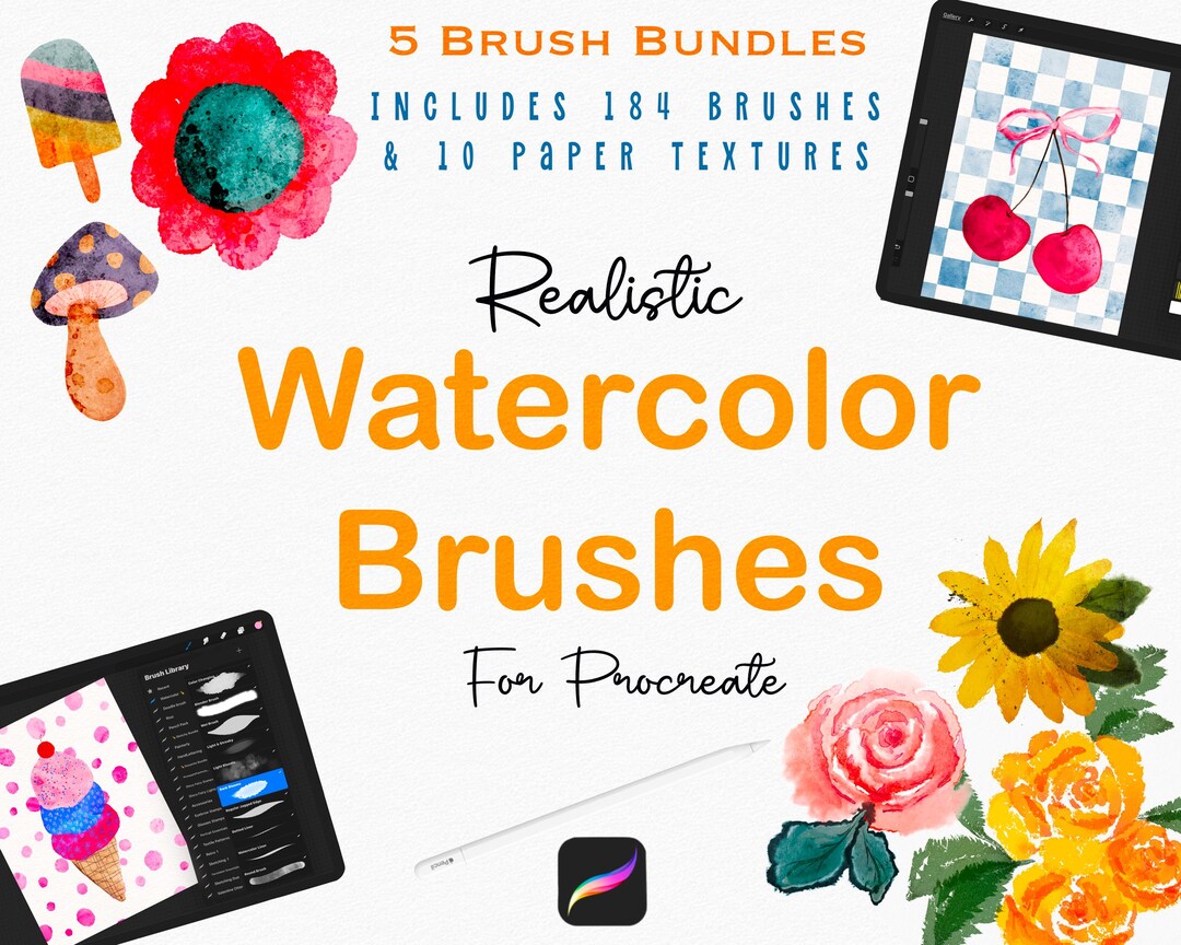 184 Realistic Watercolor Brushes and Paper Texture Bundle for Procreate ...