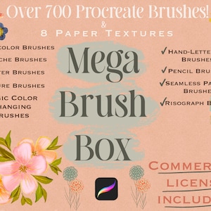 May include: A peach-colored graphic with the text "Mega Brush Box" and illustrations of flowers, mushrooms, and a sunflower. The text lists brush types, including watercolor, gouache, and glitter brushes. The words "Commercial License Included!" are also visible.