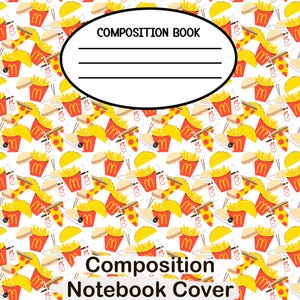 Fast Food Printable Composition Notebook Cover Seamless Pattern Pizza Fries PNG for Crafts 6.9”x10” Digital Download Patterns for School