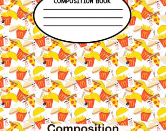 Fastfood afdrukbare compositie notebookomslag naadloos patroon pizza friet png voor knutselen 6,9 x 10 inch digitale downloadpatronen voor school