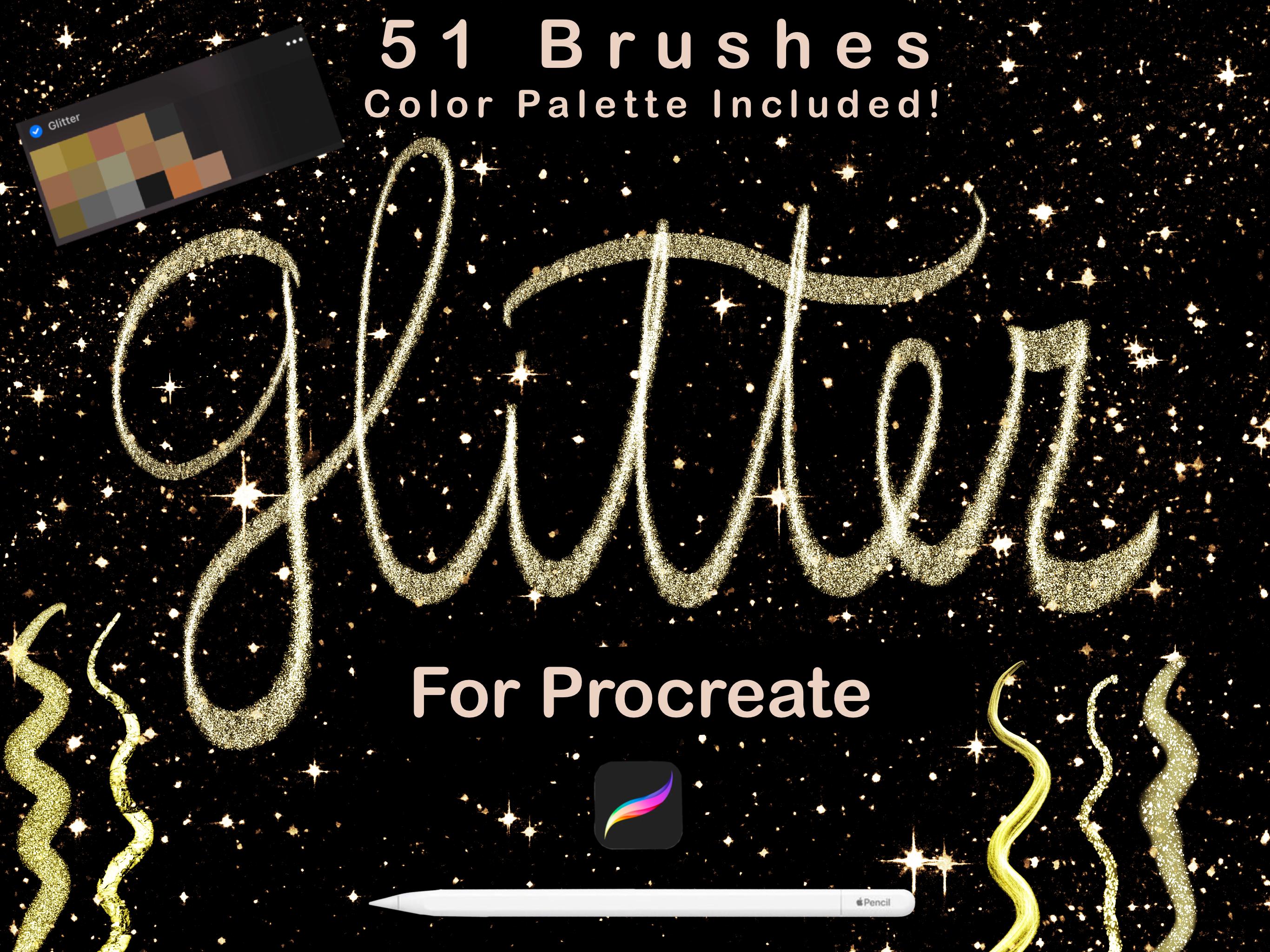 Realistic Glitter Brushes for Procreate – 51 Shimmer & Sparkle Brushes with Gold, Silver, Rose Gold Palette