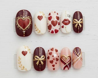 Uñas postizas con corazón en color burdeos y rubor, uñas doradas de lujo, decoración romántica con corazón y lazo con purpurina, uñas almendradas románticas reutilizables.